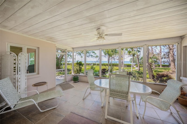 sunroom / solarium with a ceiling fan and wooden ceiling
