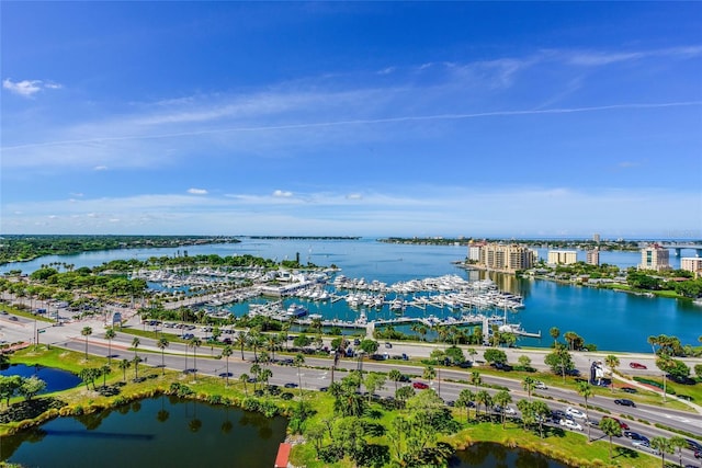 drone / aerial view with a water view