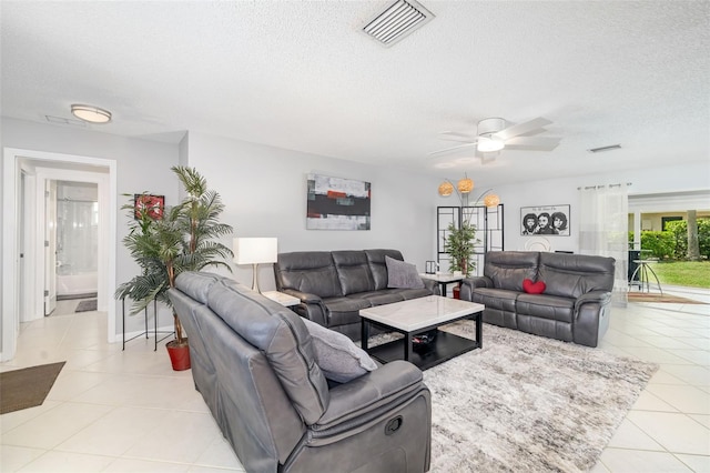 6940 W Country Club Dr N Unit V-77, Sarasota, FL 34243 - living area featuring a textured ceiling, light tile patterned flooring, ceiling fan, and visible vents