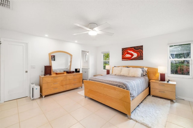 6940 W Country Club Dr N Unit V-77, Sarasota, FL 34243 - bedroom featuring visible vents, a ceiling fan, light tile patterned flooring, and recessed lighting