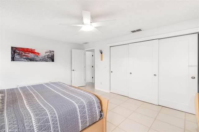 6940 W Country Club Dr N Unit V-77, Sarasota, FL 34243 - bedroom featuring a closet, light tile patterned flooring, ceiling fan, and visible vents
