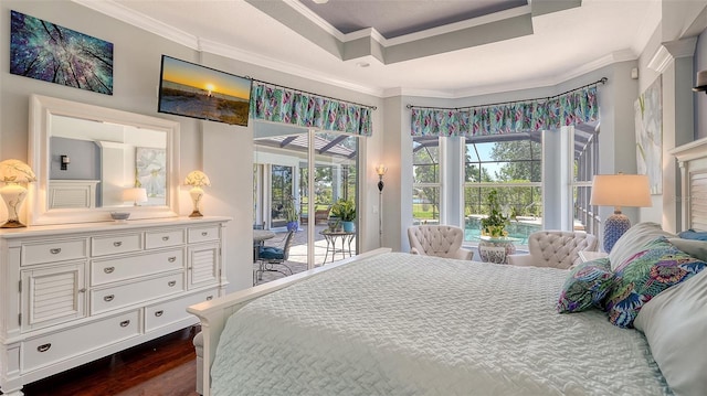 bedroom featuring access to outside, dark wood-style floors, crown molding, multiple windows, and a raised ceiling