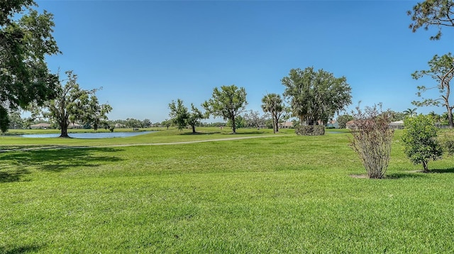 view of community with a water view and a lawn