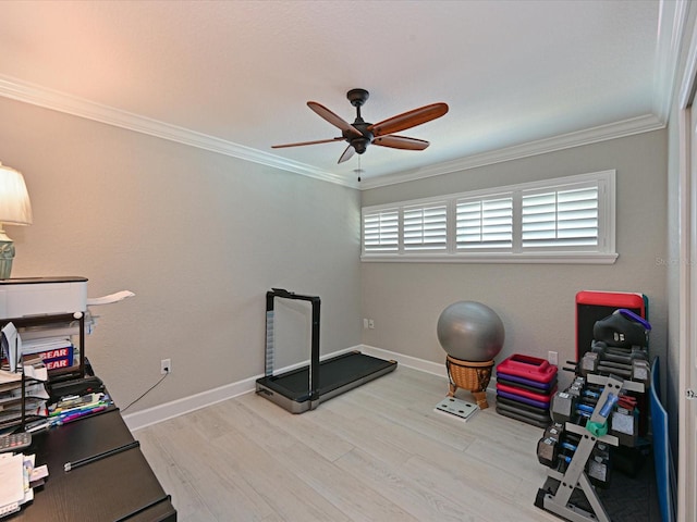 10016 Spoonbill Rd E, Bradenton, FL 34209 - exercise area with wood finished floors, baseboards, crown molding, and ceiling fan