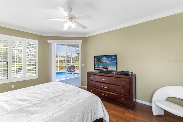 bedroom featuring a ceiling fan, dark wood finished floors, baseboards, ornamental molding, and access to outside