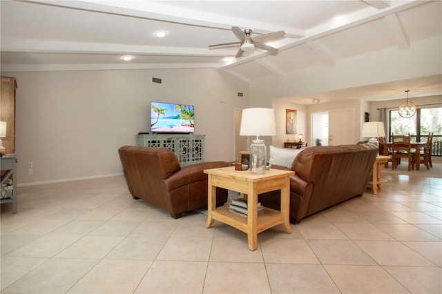 living room with light tile patterned floors, ceiling fan, baseboards, recessed lighting, and a chandelier