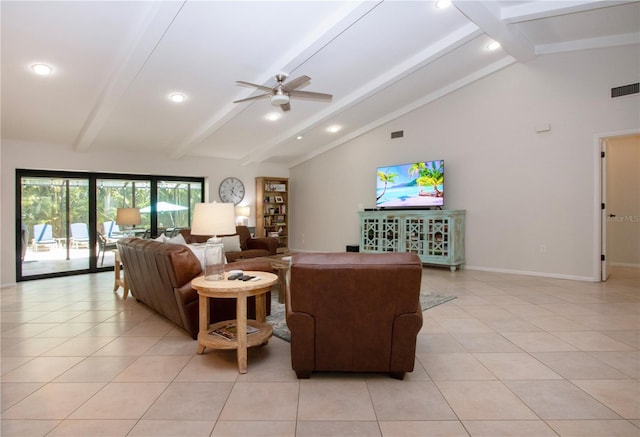living room featuring ceiling fan, light tile patterned floors, recessed lighting, and baseboards