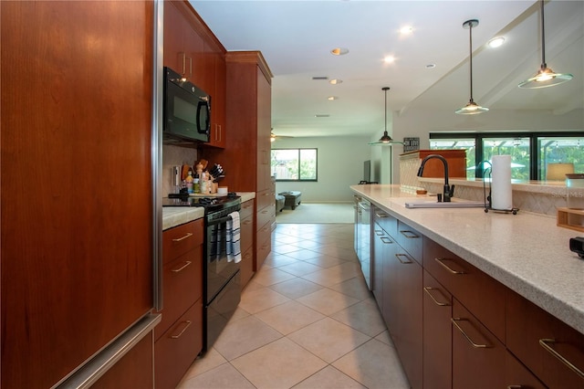 kitchen with black appliances, a sink, ceiling fan, light tile patterned floors, and recessed lighting