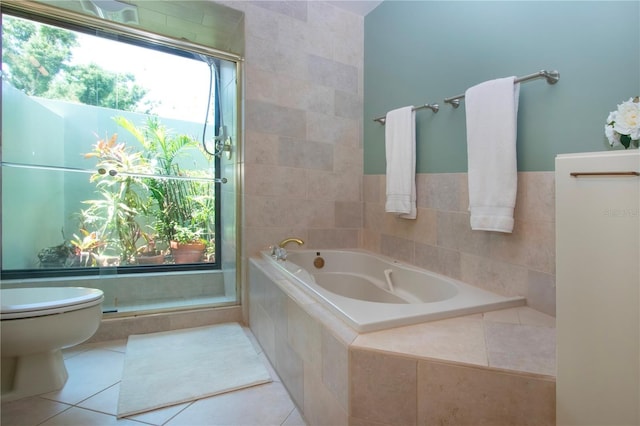 full bath with toilet, a bath, tile patterned flooring, tile walls, and an enclosed shower