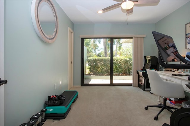 office space with carpet flooring and ceiling fan