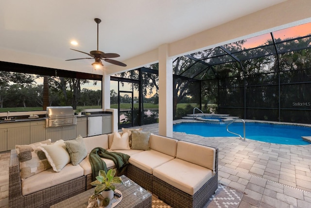 7532 Greystone St, Lakewood Ranch, FL 34202 - view of swimming pool featuring an outdoor hangout area, a patio, a sink, and a ceiling fan