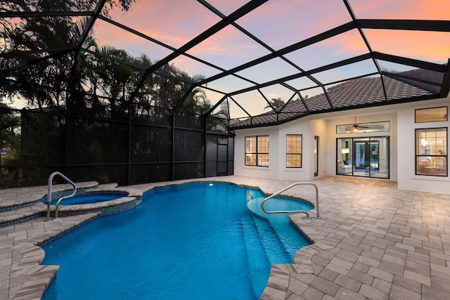 7532 Greystone St, Lakewood Ranch, FL 34202 - view of pool with a patio area, ceiling fan, a pool with connected hot tub, french doors, and glass enclosure