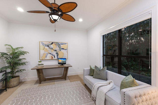 7532 Greystone St, Lakewood Ranch, FL 34202 - living area featuring a ceiling fan, recessed lighting, baseboards, and crown molding
