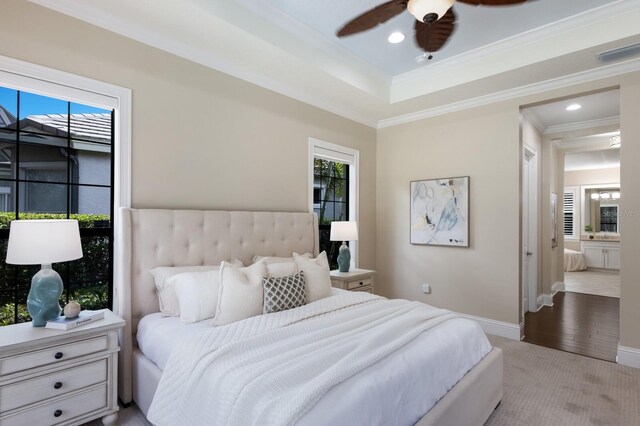 7532 Greystone St, Lakewood Ranch, FL 34202 - bedroom featuring ornamental molding, carpet, recessed lighting, baseboards, and ensuite bathroom