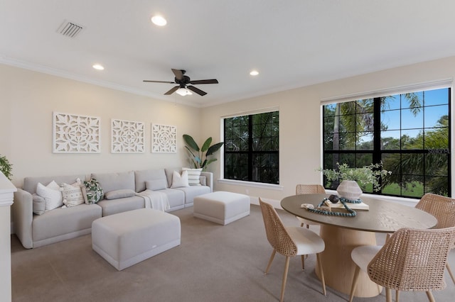 7532 Greystone St, Lakewood Ranch, FL 34202 - carpeted living area with recessed lighting, a ceiling fan, and ornamental molding