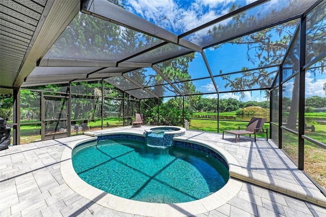 1103 134th St E, Bradenton, FL 34212 - view of pool featuring a patio area, a pool with connected hot tub, a lanai, and view of scattered trees