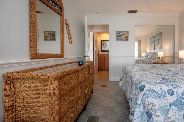 tiled bedroom featuring visible vents and ornamental molding