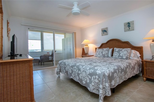 tiled bedroom featuring access to exterior, crown molding, and a ceiling fan