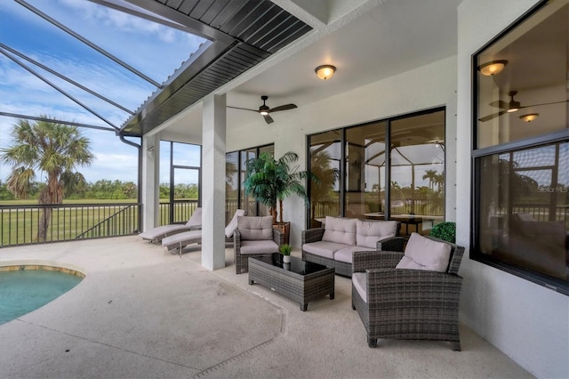 24017 Peppercorn Rd, Punta Gorda, FL 33955 - view of patio / terrace with a fenced in pool, an outdoor living space, a lanai, and a ceiling fan