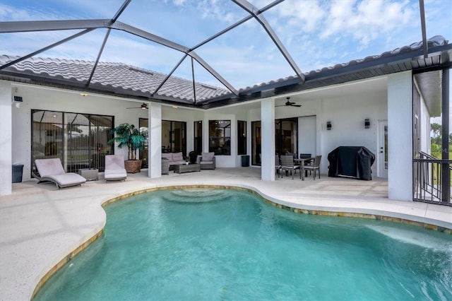 24017 Peppercorn Rd, Punta Gorda, FL 33955 - outdoor pool with an outdoor living space, a grill, a patio area, ceiling fan, and glass enclosure