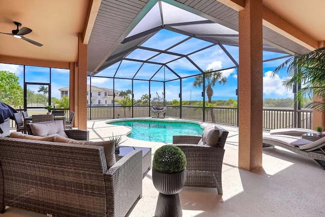 24017 Peppercorn Rd, Punta Gorda, FL 33955 - view of swimming pool featuring a patio area, ceiling fan, and glass enclosure