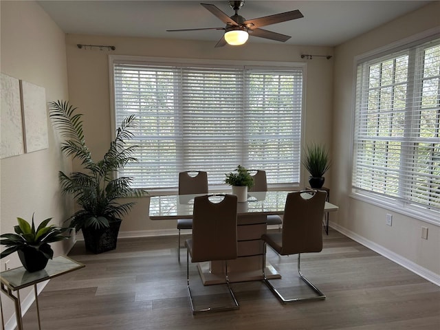 4166 Central Sarasota Pkwy Unit 535, Sarasota, FL 34238 - dining space with wood finished floors, ceiling fan, baseboards, and a wealth of natural light