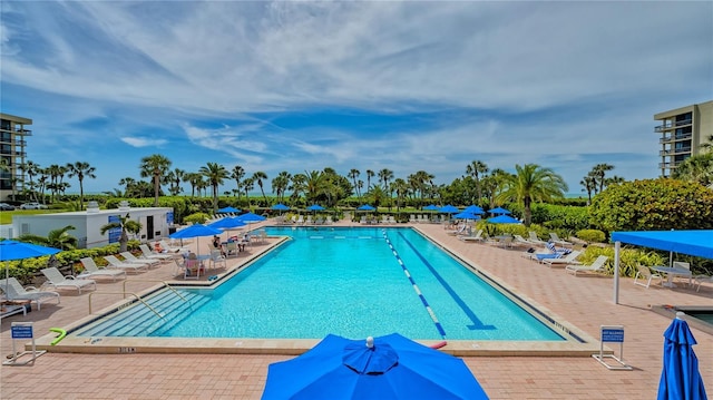 community pool with a patio area