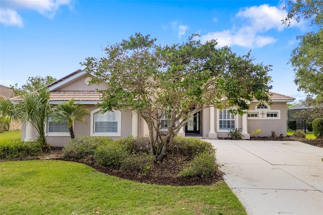 244 Dove Trl, Bradenton, FL 34212 - view of front of home featuring stucco siding, a tile roof, a front yard, and concrete driveway