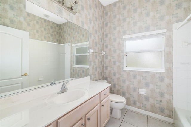 244 Dove Trl, Bradenton, FL 34212 - full bathroom with vanity, tile patterned flooring, wallpapered walls, and shower / bathtub combination