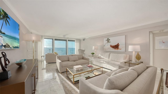 99 Sunset Dr Unit 102, Sarasota, FL 34236 - living room with light marble finish floors and crown molding