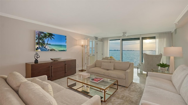 99 Sunset Dr Unit 102, Sarasota, FL 34236 - living area featuring ornamental molding and ceiling fan