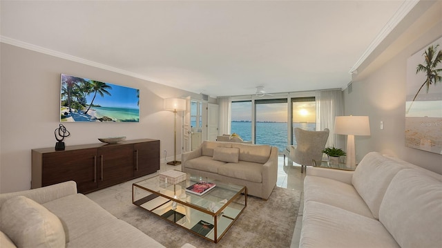 99 Sunset Dr Unit 102, Sarasota, FL 34236 - living area with crown molding, a wall of windows, and light marble finish flooring