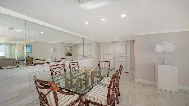 99 Sunset Dr Unit 102, Sarasota, FL 34236 - dining area with light marble finish flooring, recessed lighting, baseboards, and ornamental molding
