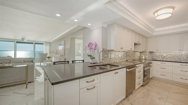 99 Sunset Dr Unit 102, Sarasota, FL 34236 - kitchen featuring a sink, ornamental molding, appliances with stainless steel finishes, light marble finish floors, and dark countertops