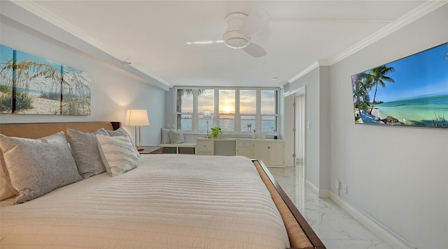 99 Sunset Dr Unit 102, Sarasota, FL 34236 - bedroom with light marble finish floors, ornamental molding, baseboards, and a ceiling fan
