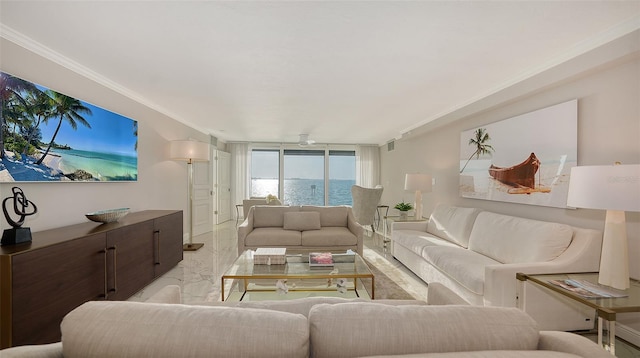 99 Sunset Dr Unit 102, Sarasota, FL 34236 - living area with marble tiled flooring, ornamental molding, and a water view