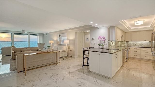 99 Sunset Dr Unit 102, Sarasota, FL 34236 - kitchen featuring ornamental molding, dark countertops, a sink, open floor plan, and decorative backsplash