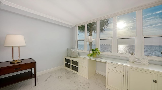 99 Sunset Dr Unit 102, Sarasota, FL 34236 - office space featuring baseboards, light marble finish floors, crown molding, and a water view