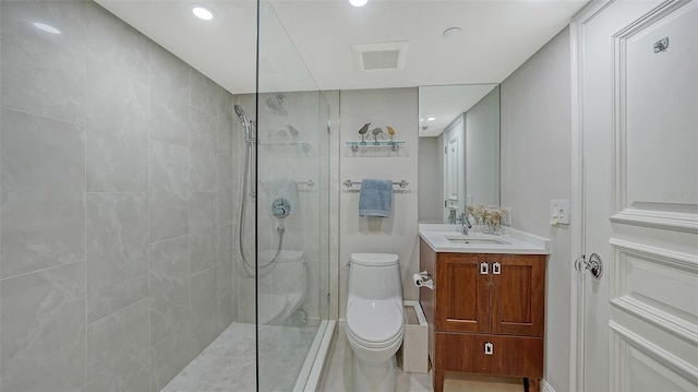 99 Sunset Dr Unit 102, Sarasota, FL 34236 - bathroom with a walk in shower, toilet, recessed lighting, and vanity