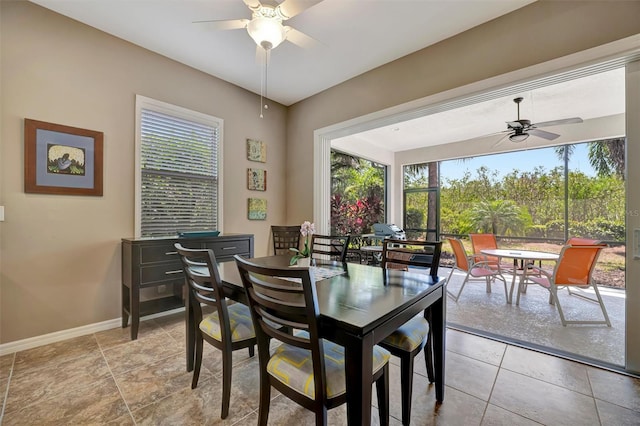 5009 Lake Overlook Ave, Bradenton, FL 34208 - dining area featuring baseboards, a ceiling fan, and plenty of natural light