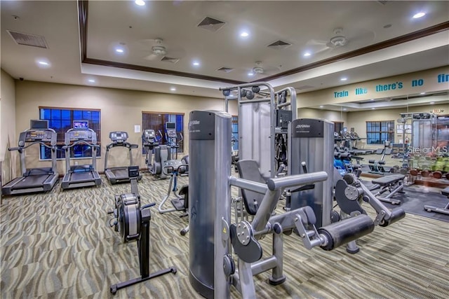 5009 Lake Overlook Ave, Bradenton, FL 34208 - workout area featuring visible vents, recessed lighting, a tray ceiling, and carpet