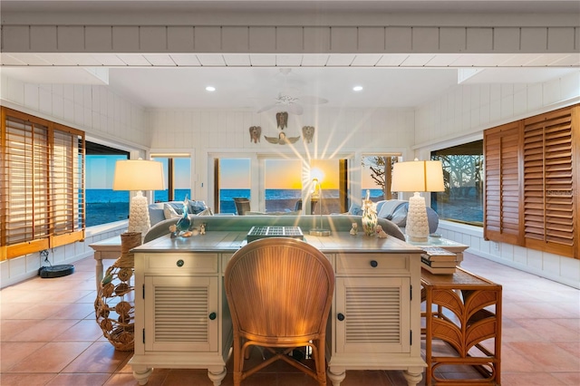 8592 Hidden Lagoon Rd, Sarasota, FL 34242 - home office with light tile patterned flooring and recessed lighting