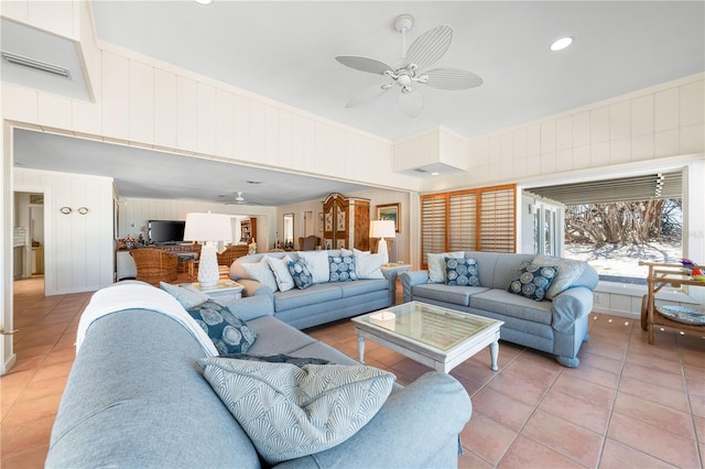 8592 Hidden Lagoon Rd, Sarasota, FL 34242 - living room with a ceiling fan and light tile patterned floors