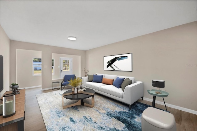 living area featuring baseboards and wood finished floors