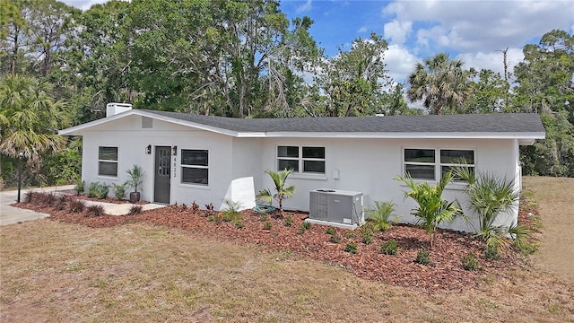 ranch-style home with central AC unit and stucco siding