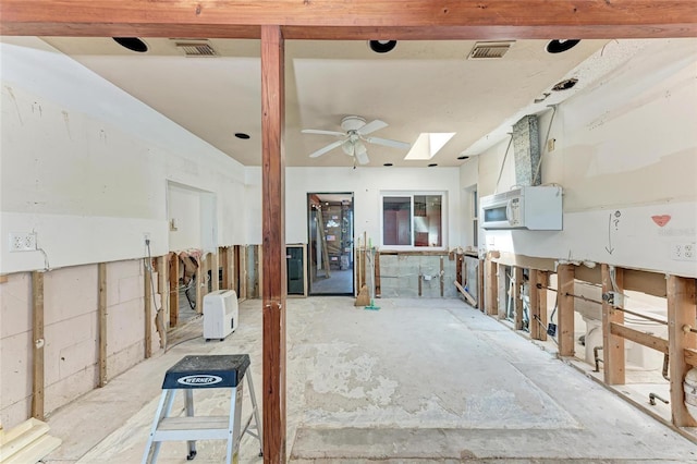 miscellaneous room featuring visible vents, ceiling fan, and a skylight