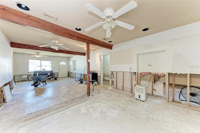 interior space featuring visible vents, a ceiling fan, recessed lighting, and beamed ceiling