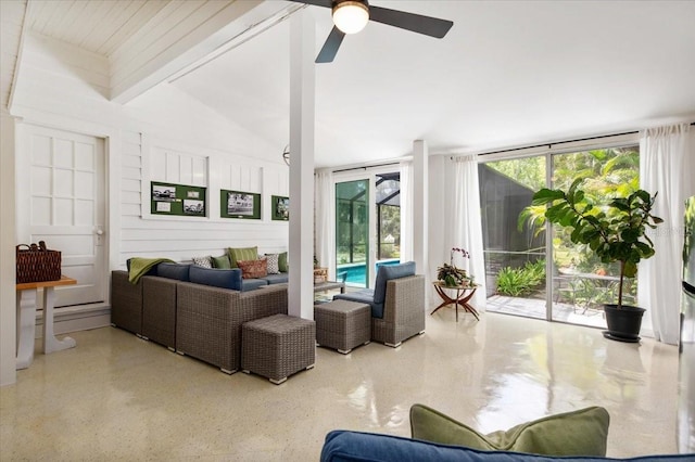 2326 2nd Ave E, Bradenton, FL 34208 - living room featuring a ceiling fan and beamed ceiling
