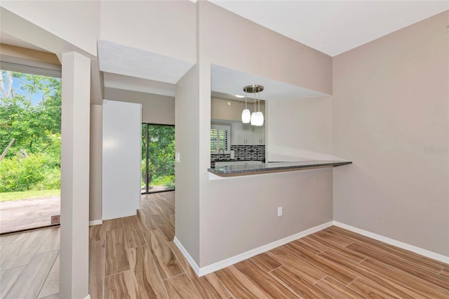 1712 Starling Dr Unit 101, Sarasota, FL 34231 - kitchen featuring dark countertops, baseboards, wood tiled floor, tasteful backsplash, and hanging light fixtures