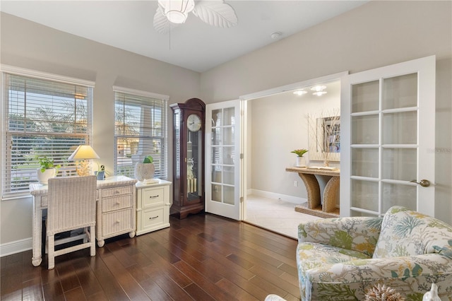 6936 White Willow Ct, Sarasota, FL 34243 - office space with a ceiling fan, french doors, baseboards, and dark wood finished floors